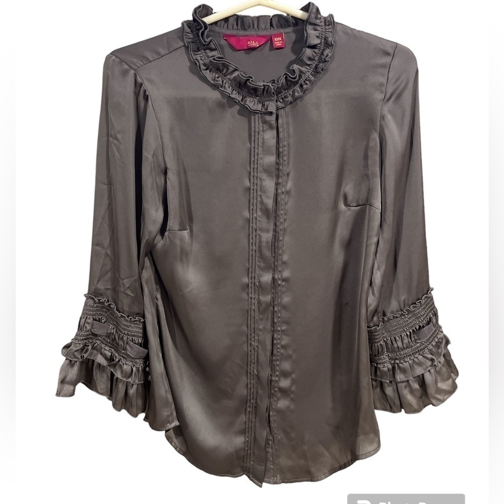 G.I.L.I Victorian Silky Satin Ruffle Button Down‎ Poet Blouse Lace Cuff Size XS